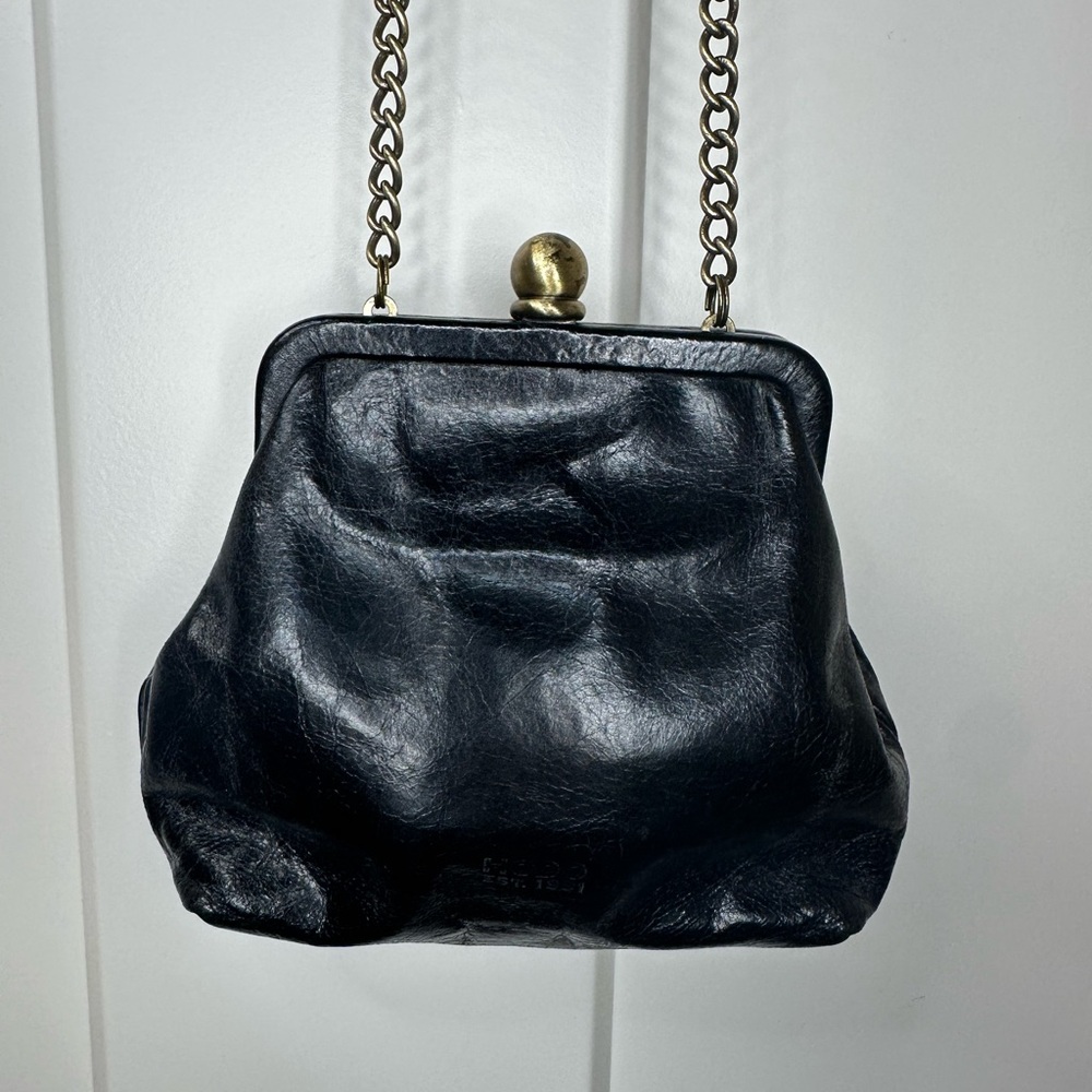 Hobo Int. Black Leather Kiss Lock Crossbody‎ Bag Chain Strap Floral Lining - Picture 4 of 13